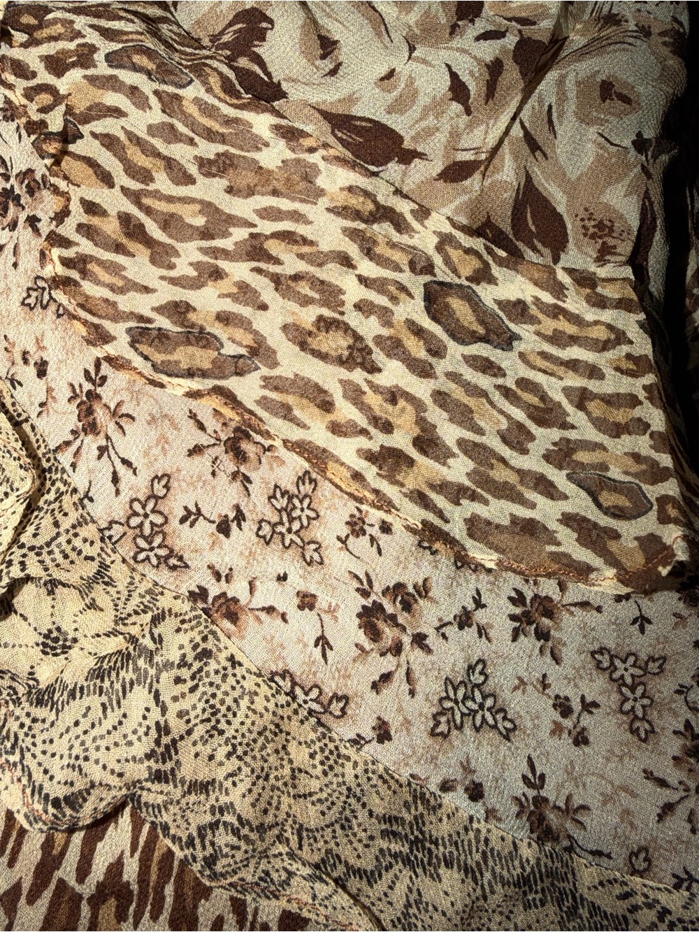 Y2K VTG 100% Silk Ruffle Tiered Floral & Leopard Print Asymmetrical Midi Dress 6 - Picture 4 of 11